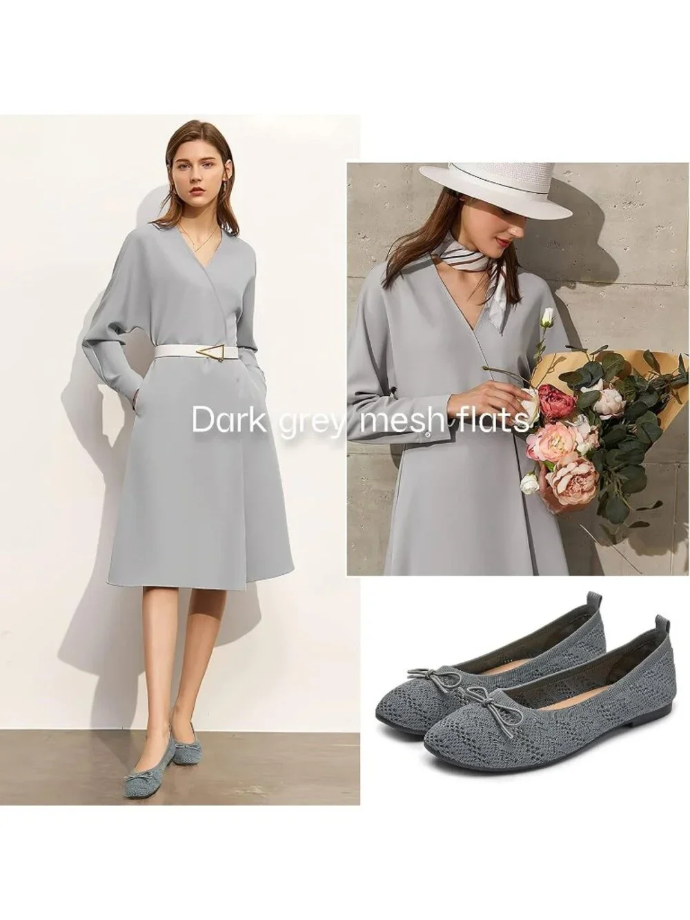Women's Deep Grey Crochet Lace Round Toe Solid Comfortable Low Heel Ballet Flats